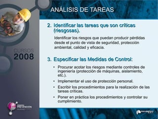 ANÁLISIS DE TAREAS

2. Identificar las tareas que son críticas
   (riesgosas).
   Identificar los riesgos que puedan producir pérdidas
   desde el punto de vista de seguridad, protección
   ambiental, calidad y eficacia.


3. Especificar las Medidas de Control:
  • Procurar acotar los riesgos mediante controles de
    ingeniería (protección de máquinas, aislamiento,
    etc.).
  • Implementar el uso de protección personal.
  • Escribir los procedimientos para la realización de las
    tareas críticas.
  • Poner en práctica los procedimientos y controlar su
    cumplimiento.
 