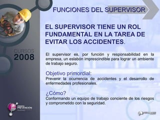FUNCIONES DEL SUPERVISOR

EL SUPERVISOR TIENE UN ROL
FUNDAMENTAL EN LA TAREA DE
EVITAR LOS ACCIDENTES.
El supervisor es, por función y responsabilidad en la
empresa, un eslabón imprescindible para lograr un ambiente
de trabajo seguro.

Objetivo primordial:
Prevenir la ocurrencia de accidentes y el desarrollo de
enfermedades profesionales.

¿Cómo?
Conformando un equipo de trabajo conciente de los riesgos
y comprometido con la seguridad.
 