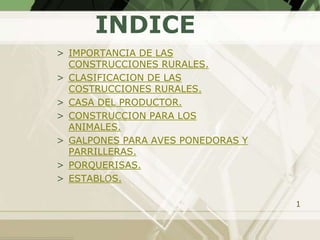 INDICE
> IMPORTANCIA DE LAS
  CONSTRUCCIONES RURALES.
> CLASIFICACION DE LAS
  COSTRUCCIONES RURALES.
> CASA DEL PRODUCTOR.
> CONSTRUCCION PARA LOS
  ANIMALES.
> GALPONES PARA AVES PONEDORAS Y
  PARRILLERAS.
> PORQUERISAS.
> ESTABLOS.

                                   1
 