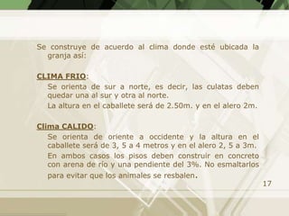 Se construye de acuerdo al clima donde esté ubicada la
  granja así:

CLIMA FRIO:
  Se orienta de sur a norte, es decir, las culatas deben
  quedar una al sur y otra al norte.
  La altura en el caballete será de 2.50m. y en el alero 2m.

Clima CALIDO:
   Se orienta de oriente a occidente y la altura en el
   caballete será de 3, 5 a 4 metros y en el alero 2, 5 a 3m.
   En ambos casos los pisos deben construir en concreto
   con arena de río y una pendiente del 3%. No esmaltarlos
  para evitar que los animales se resbalen.
                                                                17
 
