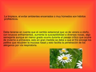 Debe tenerse en cuenta que el cambio estacional que va de verano a otoño, con bruscos enfriamientos, aumenta la susceptibilidad a diversas noxas, algo semejante aunque en menor grado ocurre durante el pasaje crítico que ocurre de invierno a primavera, esto en gran medida se debe a que el frío encoge los pelillos que recubren la mucosa nasal y esto facilita la penetración de los alérgenos por vía respiratoria. La limpieza, el evitar ambientes encerrados o muy húmedos son hábitos profilácticos. 
