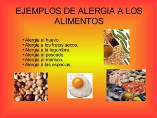 EJEMPLOS DE ALERGIA A LOS ALIMENTOS Alergia al huevo.  Alergia a los frutos secos.  Alergia a la legumbre.  Alergia al pescado.  Alergia al marisco.  Alergia a las especias.  