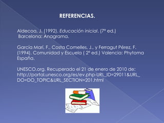 REFERENCIAS.

Aldecoa, J. (1992). Educación inicial. (7ª ed.)
Barcelona: Anagrama.

García Marí, F., Costa Comelles, J., y Ferragut Pérez, F.
(1994). Comunidad y Escuela ( 2ª ed.) Valencia: Phytoma
España.

UNESCO.org. Recuperado el 21 de enero de 2010 de:
http://portal.unesco.org/es/ev.php-URL_ID=29011&URL_
DO=DO_TOPIC&URL_SECTION=201.html
 
