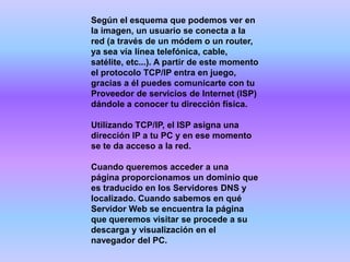 Según el esquema que podemos ver en
la imagen, un usuario se conecta a la
red (a través de un módem o un router,
ya sea vía línea telefónica, cable,
satélite, etc...). A partir de este momento
el protocolo TCP/IP entra en juego,
gracias a él puedes comunicarte con tu
Proveedor de servicios de Internet (ISP)
dándole a conocer tu dirección física.

Utilizando TCP/IP, el ISP asigna una
dirección IP a tu PC y en ese momento
se te da acceso a la red.

Cuando queremos acceder a una
página proporcionamos un dominio que
es traducido en los Servidores DNS y
localizado. Cuando sabemos en qué
Servidor Web se encuentra la página
que queremos visitar se procede a su
descarga y visualización en el
navegador del PC.
 