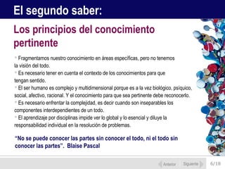 El segundo saber:
Los principios del conocimiento
pertinente
 Fragmentamos nuestro conocimiento en áreas específicas, pero no tenemos
la visión del todo.
 Es necesario tener en cuenta el contexto de los conocimientos para que
tengan sentido.
 El ser humano es complejo y multidimensional porque es a la vez biológico, psíquico,
social, afectivo, racional. Y el conocimiento para que sea pertinente debe reconocerlo.
 Es necesario enfrentar la complejidad, es decir cuando son inseparables los
componentes interdependientes de un todo.
 El aprendizaje por disciplinas impide ver lo global y lo esencial y diluye la
responsabilidad individual en la resolución de problemas.

“No se puede conocer las partes sin conocer el todo, ni el todo sin
conocer las partes”. Blaise Pascal

                                                                        Anterior   Siguiente   6/18
 