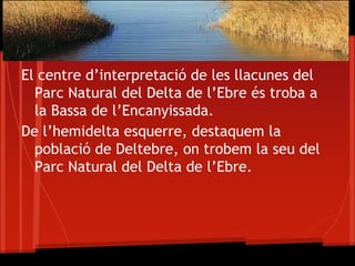 El centre d’interpretació de les llacunes del
  Parc Natural del Delta de l’Ebre és troba a
  la Bassa de l’Encanyissada.
De l’hemidelta esquerre, destaquem la
  població de Deltebre, on trobem la seu del
  Parc Natural del Delta de l’Ebre.
 