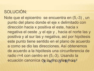 SOLUCIÓN:
Note que el epicentro se encuentra en (5,-3) , un
 punto del plano donde el eje x delimitado con
 dirección hacia x positiva el este, hacia x
 negativa el oeste ,y el eje y , hacia el norte las y
 positiva y al sur las y negativa, así por hipótesis
 este punto tiene sentido en el plano de acuerdo
 a como se dio las direcciones. Así obtenemos
 de acuerdo a la hipótesis una circunferencia de
 radio r=4 con centro en (5,-3). Usando la
 ecuación canoníca de la circunferencia:
 