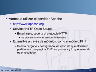 Configuración del servidor <ul><li>Vamos a utilizar el servidor Apache </li></ul><ul><ul><li>http://www.apache.org </li></...