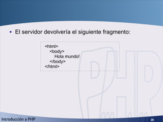 Primeros pasos (4) <ul><li>El servidor devolvería el siguiente fragmento: </li></ul><html> <body> Hola mundo! </body> </ht...