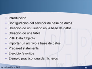 Acceso a base de datos <ul><li>Introducción </li></ul><ul><li>Configuración del servidor de base de datos </li></ul><ul><l...
