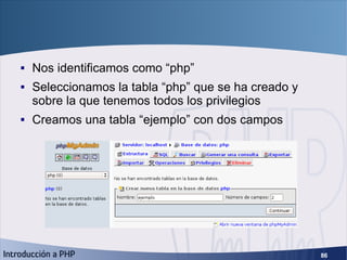 Creación de una tabla <ul><li>Nos identificamos como “php” </li></ul><ul><li>Seleccionamos la tabla “php” que se ha creado...