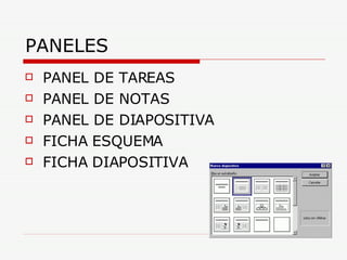 PANELES PANEL DE TAREAS PANEL DE NOTAS PANEL DE DIAPOSITIVA FICHA ESQUEMA FICHA DIAPOSITIVA 