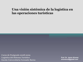 Una visión sistémica de la logística en las operaciones turísticas Curso de Postgrado  2008-2009 Logística del Sistema Turístico Escola Universitària Formatic Barna Prof. Dr. Jesús Alvarez [email_address] 