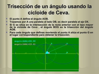 Trisección de un ángulo usando la cicloide de Ceva.   El punto A define el ángulo AOB. Trazamos por A una paralela al lado OB, es decir paralela al eje OX. Si G se sitúa en la intersección de la recta anterior con el lazo mayor de la cicloide de Ceva , el ángulo BOG es la trisección del ángulo AOB. Para cada ángulo que definas moviendo el punto A sitúa el punto G en el lugar correspondiente para obtener la trisección . 