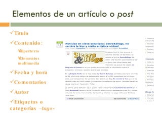 Elementos de un artículo o  post Titulo Contenido: Hipertexto Elementos multimedia Fecha y hora Comentarios Autor Etiquetas o categorías  –tags- 