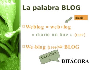 La palabra BLOG Weblog = web+log  « diario on line   »   (1997) We-blog  (1999)    BLOG BITÁCORA diario Castellano 