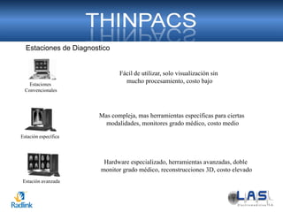 Fácil de utilizar, solo visualización sin
mucho procesamiento, costo bajoEstaciones
Convencionales
Hardware especializado, herramientas avanzadas, doble
monitor grado médico, reconstrucciones 3D, costo elevado
Estación específica
Mas compleja, mas herramientas específicas para ciertas
modalidades, monitores grado médico, costo medio
Estación avanzada
Estaciones de Diagnostico
 