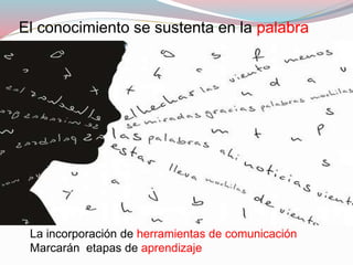 El conocimiento se sustenta en la palabra
La incorporación de herramientas de comunicación
Marcarán etapas de aprendizaje
 