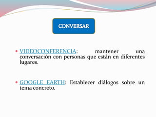  VIDEOCONFERENCIA: mantener una
conversación con personas que están en diferentes
lugares.
 GOOGLE EARTH: Establecer diálogos sobre un
tema concreto.
 