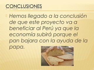    Hemos llegado a la conclusión
    de que este proyecto va a
    beneficiar al Perú ya que la
    economía subirá porque el
    pan bajara con la ayuda de la
    papa.
 