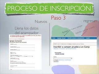 PROCESO DE INSCRIPCIÓN
                      Paso 3                           regresan
             Nuevos
                                                       r
                                                 mpe                  p
 Llena los datos                   u n nuev
                                           o ca
                                                          m per
                                                                a cam
                              egar                   ir ca
 del acampador            Agr               I nscr
                                                   ib
 