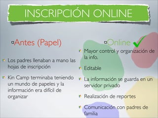 INSCRIPCIÓN ONLINE

  Antes (Papel)                             Online
                                 Mayor control y organización de
                                 la info.
Los padres llenaban a mano las
hojas de inscripción             Editable
Kin Camp terminaba teniendo      La información se guarda en un
un mundo de papeles y la         servidor privado
información era difícil de
organizar                        Realización de reportes
                                 Comunicación con padres de
                                 familia
 