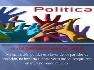 Sub.12   La participación como eje central.
  Mi inclinación política es a favor de los partidos de
oposición, no importa cuantas veces me equivoque, creo
               en mi, y no vendo mi voto.
 