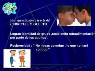 Hay aprendizajes a través del
CURRICULUM OCULTO


Logran identidad de grupo ,recibiendo retroalimentación
por parte de los adultos .

Reciprocidad : “ No hagas conmigo , lo que no haré
                 contigo “
 