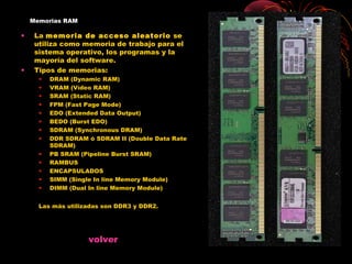 Memorias RAM

•    La memoria de acceso aleatorio se
     utiliza como memoria de trabajo para el
     sistema operativo, los programas y la
     mayoría del software.
•    Tipos de memorias:
      •   DRAM (Dynamic RAM)
      •   VRAM (Vídeo RAM)
      •   SRAM (Static RAM)
      •   FPM (Fast Page Mode)
      •   EDO (Extended Data Output)
      •   BEDO (Burst EDO)
      •   SDRAM (Synchronous DRAM)
      •   DDR SDRAM ó SDRAM II (Double Data Rate
          SDRAM)
      •   PB SRAM (Pipeline Burst SRAM)
      •   RAMBUS
      •   ENCAPSULADOS
      •   SIMM (Single In line Memory Module)
      •   DIMM (Dual In line Memory Module)


      Las más utilizadas son DDR3 y DDR2.




                    volver
 