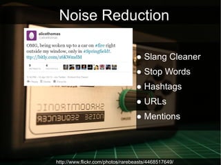 Noise Reduction

                                  ● Slang Cleaner
                                  ● Stop Words
                                  ● Hashtags
                                  ● URLs
                                  ● Mentions




http://www.flickr.com/photos/rarebeasts/4468517649/
 