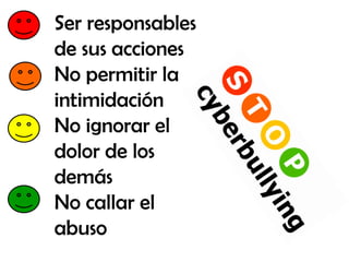 Ser responsables
de sus acciones
No permitir la
intimidación
No ignorar el
dolor de los
demás
No callar el
abuso
 