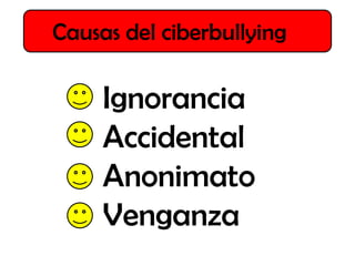 Causas del ciberbullying
Ignorancia
Accidental
Anonimato
Venganza
 