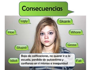 Consecuencias
Baja de calificaciones, no querer ir a la
escuela, perdida de autoestima y
confianza en si mismos e inseguridad
 