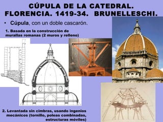 • Cúpula, con un doble cascarón.
CÚPULA DE LA CATEDRAL.
FLORENCIA. 1419-34. BRUNELLESCHI.
1. Basada en la construcción de
murallas romanas (2 muros y relleno)
2. Levantada sin cimbras, usando ingenios
mecánicos (tornillo, poleas combinadas,
estructuras móviles)
 