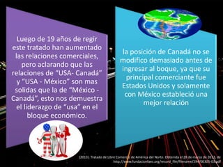 Luego de 19 años de regir
este tratado han aumentado
las relaciones comerciales,
pero aclarando que las
relaciones de “USA- Canadá”
y “USA - México” son mas
solidas que la de “México -
Canadá”, esto nos demuestra
el liderazgo de “usa” en el
bloque económico.
la posición de Canadá no se
modifico demasiado antes de
ingresar al boque, ya que su
principal comerciante fue
Estados Unidos y solamente
con México estableció una
mejor relación
(2013). Tratado de Libre Comercio de América del Norte. Obtenida el 28 de marzo de 2013, de
http://www.fundacionfaes.org/record_file/filename/294/00305-03.pdf
 