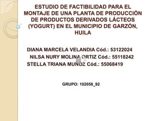 ESTUDIO DE FACTIBILIDAD PARA EL
MONTAJE DE UNA PLANTA DE PRODUCCIÓN
DE PRODUCTOS DERIVADOS LÁCTEOS
(YOGURT) EN EL MUNICIPIO DE GARZÓN,
HUILA
DIANA MARCELA VELANDIA Cód.: 53122024
NILSA NURY MOLINA ORTIZ Cód.: 55118242
STELLA TRIANA MUÑOZ Cód.: 55068419
GRUPO: 102058_92
 