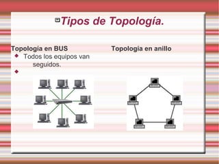 
Tipos de Topología.
Topología en BUS
 Todos los equipos van
seguidos.

Topología en anillo
 