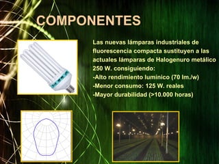 COMPONENTES
Las nuevas lámparas industriales de
fluorescencia compacta sustituyen a las
actuales lámparas de Halogenuro metálico
250 W. consiguiendo:
-Alto rendimiento lumínico (70 lm./w)
-Menor consumo: 125 W. reales
-Mayor durabilidad (>10.000 horas)
 