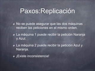 Paxos:Replicación
No se puede asegurar que las dos máquinas
reciben las peticiones en el mismo orden.
La máquina 1 puede recibir la petición Naranja
y Azul.
La máquina 2 puede recibir la petición Azul y
Naranja.
¡Existe inconsistencia!
 