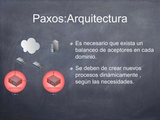 Paxos:Arquitectura
Es necesario que exista un
balanceo de aceptores en cada
dominio.
Se deben de crear nuevos
procesos dinámicamente ,
según las necesidades.
 