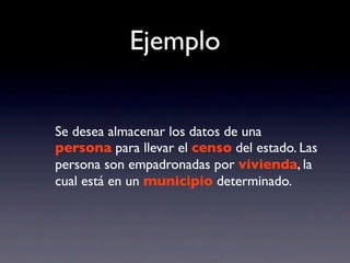 Ejemplo
Se desea almacenar los datos de una
persona para llevar el censo del estado. Las
persona son empadronadas por vivienda, la
cual está en un municipio determinado.
Se desea almacenar los datos de una
persona para llevar el censo del estado. Las
persona son empadronadas por vivienda, la
cual está en un municipio determinado.
 