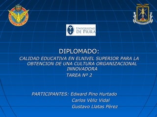 DIPLOMADO:DIPLOMADO:
CALIDAD EDUCATIVA EN ELNIVEL SUPERIOR PARA LACALIDAD EDUCATIVA EN ELNIVEL SUPERIOR PARA LA
OBTENCION DE UNA CULTURA ORGANIZACIONALOBTENCION DE UNA CULTURA ORGANIZACIONAL
INNOVADORAINNOVADORA
TAREA Nº 2TAREA Nº 2
PARTICIPANTES: Edward Pino HurtadoPARTICIPANTES: Edward Pino Hurtado
Carlos Vèliz VidalCarlos Vèliz Vidal
Gustavo Llatas PèrezGustavo Llatas Pèrez
 