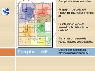 Triangulación WiFi
Complicada – No Imposible
Fingerprint de cada red
(SSID, BSSID, canal, Intensid
ad).
La intensidad varia de
acuerdo a la distancia con
cada AP.
Entre mayor número de
redes, mejores posibilidades.
Descripción original del
proyecto para ubicar el AP.
 