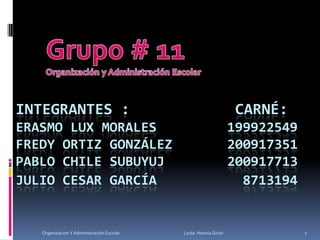 INTEGRANTES : CARNÉ:
ERASMO LUX MORALES 199922549
FREDY ORTIZ GONZÁLEZ 200917351
PABLO CHILE SUBUYUJ 200917713
JULIO CESAR GARCÍA 8713194
1Organizacion Y Administración Escolar Licda. Hannia Girón
 