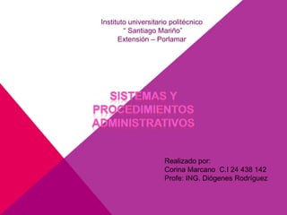 Instituto universitario politécnico
“ Santiago Mariño”
Extensión – Porlamar
Realizado por:
Corina Marcano C.I 24 438 142
Profe: ING. Diógenes Rodríguez
 
