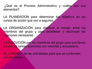 ¿Qué es el Proceso Administrativo y cuáles son sus
elementos?
LA PLANEACION para determinar los objetivos en los
cursos de acción que van a seguirse.
LA ORGANIZACIÓN para distribuir el trabajo entre los
miembros del grupo y para establecer y reconocer las
relaciones necesarias.
LA EJECUCIÓN por los miembros del grupo para que lleven
a cabo las tareas prescritas con voluntad y entusiasmo.
EL CONTROL de las actividades para que se conformen
con los planes.
 