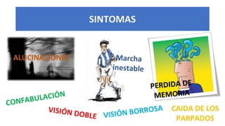 SINTOMAS
ALUCINACIONES
Marcha
inestable
ERDIDA DE
P
MEMORIA
A C IÓ N
FABUL
CON
VISIÓN D
RROSA
OBLE VISIÓN BO
CAIDA DE LOS
PARPADOS