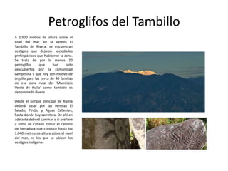 Petroglifos del Tambillo
A 1.900 metros de altura sobre el
nivel del mar, en la vereda El
Tambillo de Rivera, se encuentran
vestigios que dejaron sociedades
prehispánicas que habitaron la zona.
Se trata de por lo menos 20
petroglifos
que
han
sido
descubiertos por la comunidad
campesina y que hoy son motivo de
orgullo para las cerca de 40 familias
de esa zona rural del ‘Municipio
Verde de Huila’ como también es
denominado Rivera.
Desde el parque principal de Rivera
deberá pasar por las veredas El
Salado, Pindo, y Aguas Calientes,
hasta donde hay carretera. De ahí en
adelante deberá caminar o si prefiere
a lomo de caballo tomar el camino
de herradura que conduce hasta los
1.840 metros de altura sobre el nivel
del mar, en los que se ubican los
vestigios indígenas

 