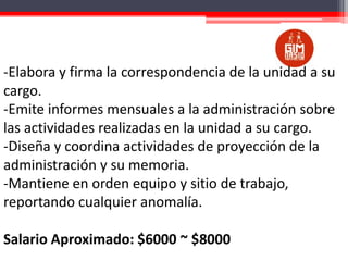 -Elabora y firma la correspondencia de la unidad a su
cargo.
-Emite informes mensuales a la administración sobre
las actividades realizadas en la unidad a su cargo.
-Diseña y coordina actividades de proyección de la
administración y su memoria.
-Mantiene en orden equipo y sitio de trabajo,
reportando cualquier anomalía.
Salario Aproximado: $6000 ~ $8000

 