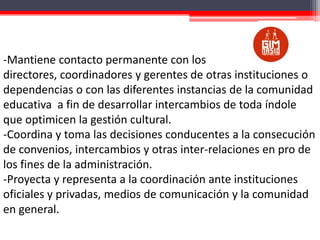 -Mantiene contacto permanente con los
directores, coordinadores y gerentes de otras instituciones o
dependencias o con las diferentes instancias de la comunidad
educativa a fin de desarrollar intercambios de toda índole
que optimicen la gestión cultural.
-Coordina y toma las decisiones conducentes a la consecución
de convenios, intercambios y otras inter-relaciones en pro de
los fines de la administración.
-Proyecta y representa a la coordinación ante instituciones
oficiales y privadas, medios de comunicación y la comunidad
en general.

 